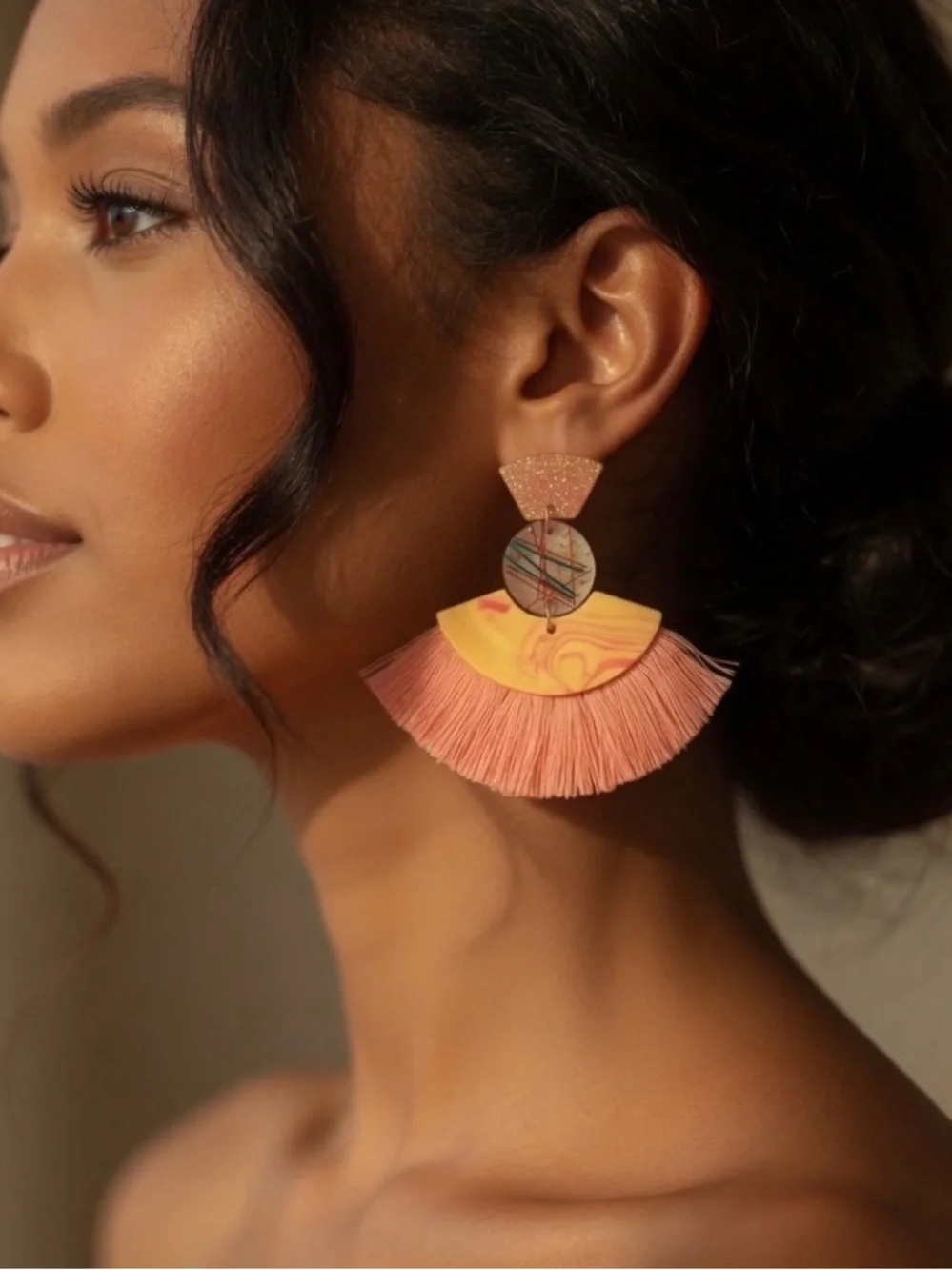 Jillian Michel Coral & Yellow Statement Fringe Earrings